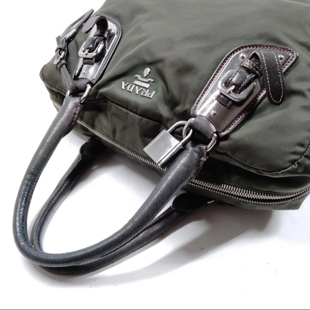 PRADA Handbag - Olive Green Nylon & Leather Trim w/ lock & key.